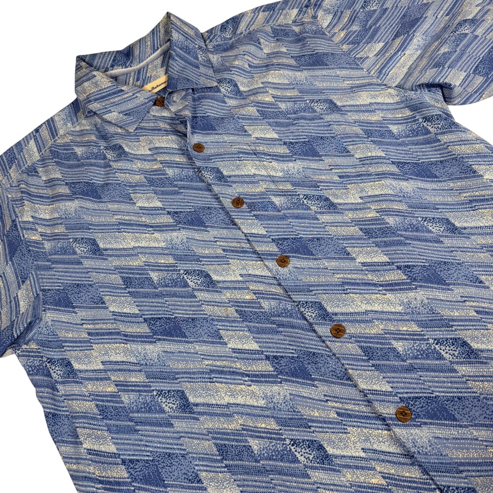Tommy Bahama Silk Button Down Shirt Medium Blue Geometric Abstract Short Sleeve